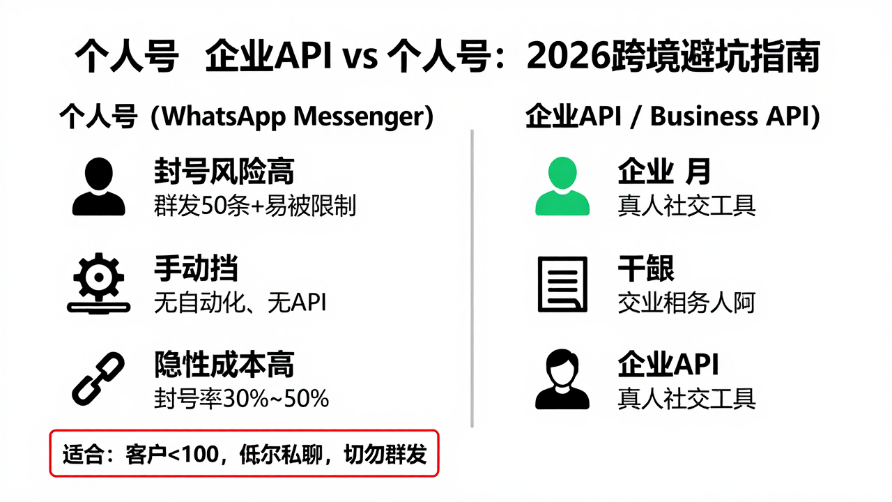 WhatsApp 企业 API 和个人号区别:2026 年跨境生意避坑指南 WhatsApp 企业 API 和个人号区别:2026 年跨境生意避坑指南